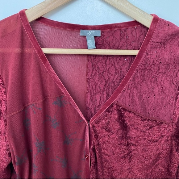 J Jill deep red velvet accents partially sheer button down Top - Picture 5 of 12